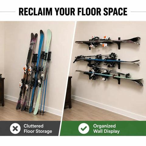 Kick Ass Ski Wall Mount Horizontal Display Rack For Poles And Boards Rock Solid Screw In Garage Storage Holder, skis mounted on wall.