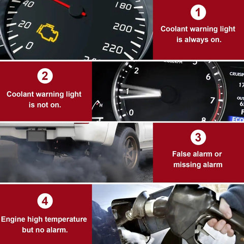 Four images showing various car dashboard warnings and exhaust, related to Engine Coolant Level Sensor Replacement For GM 3.8L V6 Engines.