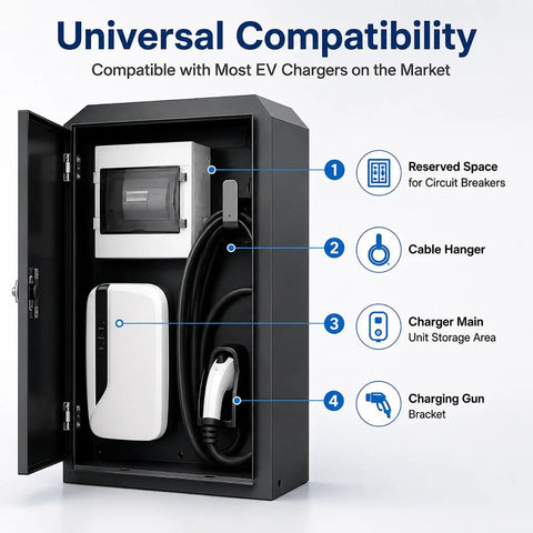 Beast Mode Weatherproof Ev Charger Enclosure With Premium Heavy Duty Pedestal Stand And Secure Combo Lock For Built Different Home Or Commercial Charging Installation. Open view with cable hanger and charger unit.