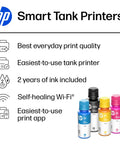 Smart Tank 7602 Wireless All In One Ink Tank Printer With Scanner And Copier displayed with ink bottles and features icons.