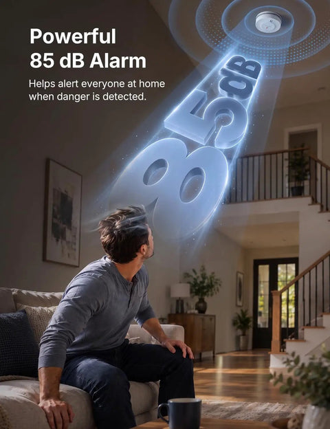 Man sitting on couch looking up at ceiling smoke detector with 85 dB alarm, Five Pack Photoelectric Smoke Detectors With 10 Year Sealed Battery Ul Certified Real Deal Nuisance Free Sensing Solid Home Safety Gear Keeps Your House Locked Down Tight.