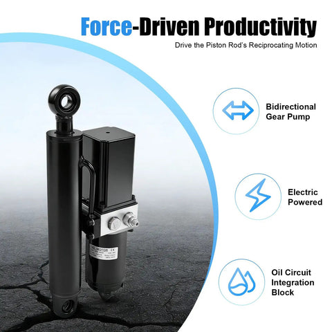 Heavy Duty 8 Inch Stroke Electric Linear Actuator 12V 500W Hydraulic Cylinder showcasing gear pump and electric motor.