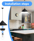 Installation illustration for 12 Pack E26 E27 Lamp Shade Rings Replacement Kit in a kitchen with pendant light above a countertop.