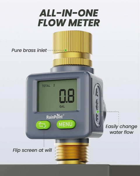 Brass Inlet And Outlet Water Flow Meter With 180 Degree Screen Flip, LCD display showing 0.8 gallons, buttons to change water flow