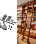 Heavy Duty Sliding Barn Door Hardware Kit With Extension Tracks And Floor Guide Wheels For 3 3 To 20 Foot Openings Full Set Rollers Complete Installation No Ladder Required Rustic Library Closet Track System with pulleys and wooden ladder.
