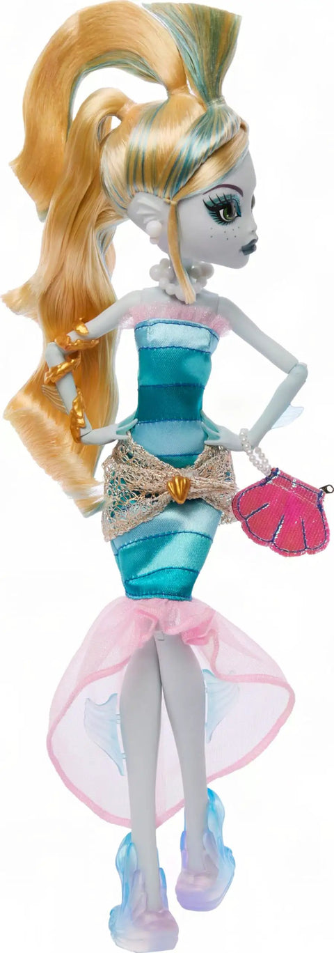 Dawn Of The Dance Lagoona Blue Reproduction Doll Prepped For A Ripper Party Sea Blue Gown With Pink Accents, poseable figure.