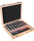 Open wooden case of Keyway Broach Kit For Metalworking Pro Grade Rectangular Broaching Set With 5 Broaches 18 Bushings 7 Shims
