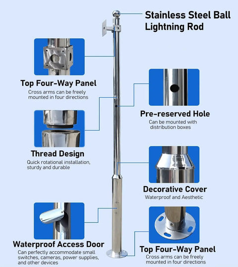 Heavy Duty Stainless Steel Surveillance Stand With Camera Mount Pole Bracket, Portable Wide View Post Kit For Outdoor Use, Adjustable Height From 6.5 Ft To 19.6 Ft, 4 Way Panel Design For Wide Coverage On Schools, Backyards, Porches And Walkways