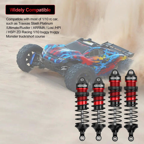 4Pcs Front And Rear RC Car Shocks Damper Assembly Set For 1 By 10 Scale RC Trucks 2WD And 4X4 Fits Slash Rustler Stampede Hoss VXL Black Red Replacement Parts Built To Last shown with RC car in background