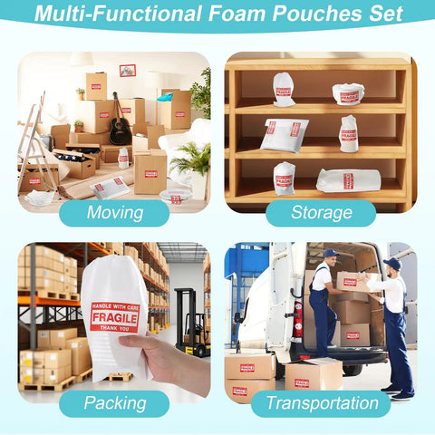 Heavy Duty Dish Packing Kit For Moving With Thick Foam Pouches And Cushion Sheets Paired With Fragile Stickers And Clear Tape in various usage scenarios.