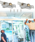 Built Tough Double Wheel Sliding Patio Door Rollers With Stainless Steel Pulley Set shown with screws, installed above a sliding door.