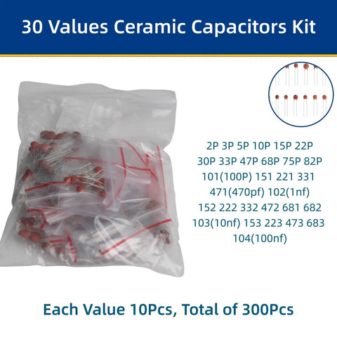 Top Shelf 1490 Piece Electronic Component Assortment Box Packed With Colorful Leds Transistors Resistors And Capacitors Killer Gear Bag For Serious Makers with 30 values ceramic capacitors in a clear bag.