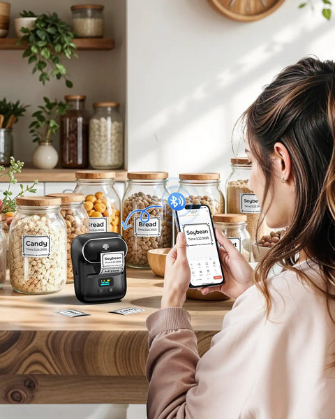 Woman using Bluetooth Portable Label Printer For Small Biz Fast Thermal Label Maker For Barcodes Addresses Clothing