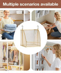 Premium Hanging Closet Organizer With Ultra Soft Fabric Shelves displayed in multiple settings, showcasing organization use for clothes.