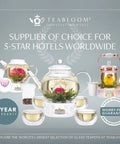 All In One Extra Large Multi Brew Borosilicate Glass Teapot Kettle and Pitcher with Tip and Pour Filter Lid for Hot Tea Iced Tea Cold Brew and Fruit Infused Water Plastic Free No Fuss displayed with tea flowers and cups