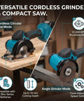 Heavy Hitter Cordless Mini Circular Saw And Angle Grinder 2 In 1 Featuring Brushless Motor 12000 Rpm And Rechargeable Battery, showcasing grinder and saw mode.