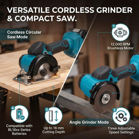 Heavy Duty Cordless Mini Circular Saw and Angle Grinder With Brushless Motor Running 12000 RPM and Three Speed Settings for Lightning Fast Cuts Through Wood Metal and Tile, showing dual modes.