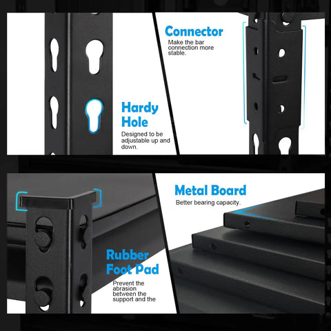 Heavy Duty Five Tier Metal Shelving Unit 1650 Pound Capacity Adjustable Layers For Garage Basement Kitchen Or Warehouse features connectors, hardy holes, and metal boards.