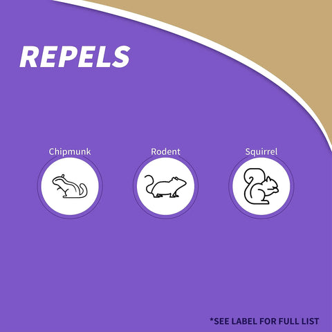 Icons showing chipmunk, rodent, and squirrel with text 'Repels' for Outdoor Chipmunk Squirrel and Rodent Repellent Spray 32 Oz.