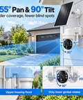 Wireless Outdoor Solar Security Camera 3MP HD showing 355° pan and 90° tilt features for wider coverage and fewer blind spots.