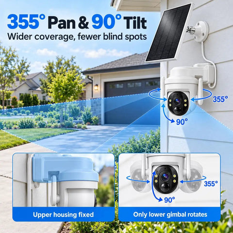 Wireless Outdoor Solar Security Camera 3MP HD showing 355° pan and 90° tilt features for wider coverage and fewer blind spots.