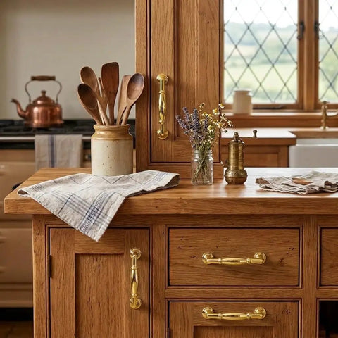 Ten Pack Polished Brass Cabinet Pulls Featuring Three Inch Hole Centers Top Shelf Heavy Duty Handles For Kitchens Drawers Wardrobes And Cabinets Smooth Pull No Sweat Install on rustic kitchen cabinetry.