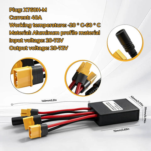Dual Battery Parallel Module For E Bikes With 20V To 72V Input And Output, 40A Max, XT60H M Plug, Aluminum Alloy Housing