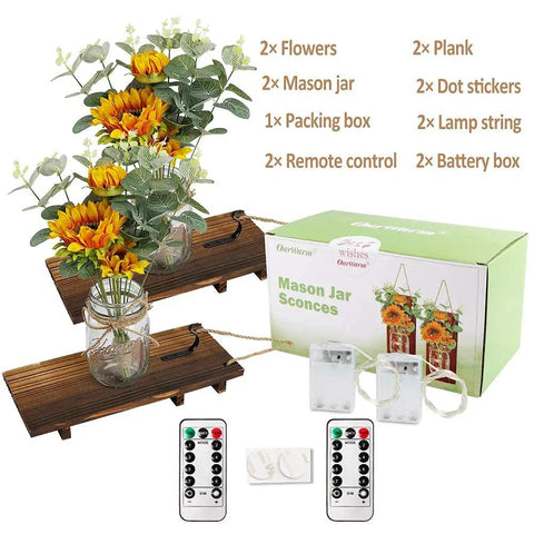 Set Of Two Sunflower Mason Jar Wall Sconces With Remote Control, Farmhouse Wall Decor packaging and contents displayed