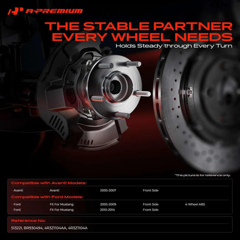 Front Wheel Bearing And Hub Assembly With Abs Ring And Five Lug Pattern Direct Plug And Play Replacement For Ford Mustang 2005 To 2014 showing detailed front view.