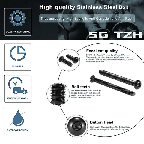 Built Like A Tank Button Head Socket Cap Bolts, 3/8-16 X 1, 20 Pcs Heavy Duty 304 18-8 Stainless Steel With Sleek Black Oxide Coating, Allen Hex Drive Wrench Set For No Sweat Installations - close-up of black oxide bolts with detailed quality description.