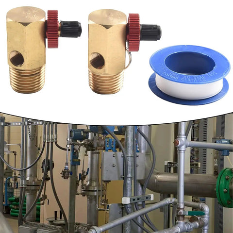 Rock Solid Brass Air Tank Manifold With Half Inch NPT Fittings, two units with manual control knobs and sealing tape.