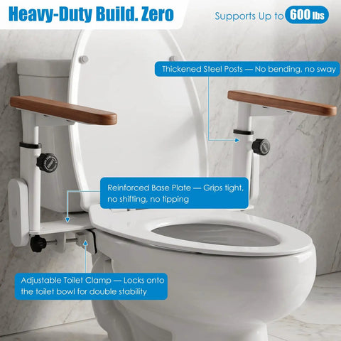 Top Shelf Heavy Duty Adjustable Toilet Safety Rails Built Tough With Rock Solid Steel Frame For Seniors Recovering From Surgery, close-up of clamp setup.