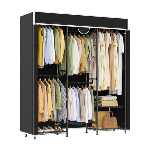 Beefy Heavy Duty Freestanding Portable Closet Organizer With Adjustable Carbon Steel Frame And Thick Vinyl Cover shows organized clothes and shoes.