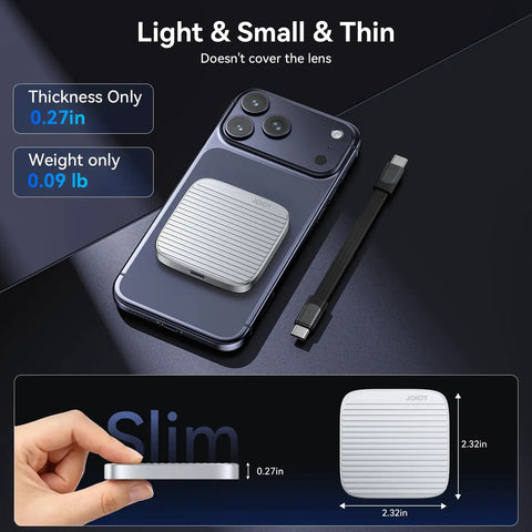 Lightweight Magnetic External SSD with USB 3.2 Gen 2x2 on iPhone 16 Pro Max, showcasing compact size and metal enclosure