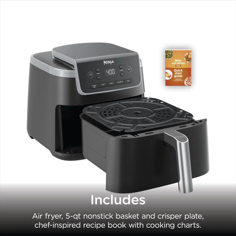 Game Changer 5 Quart Air Fryer With 5In1 Cook Functions For Insanely Crispy Results At 1750 Watts Leveraging Air Crisp Superheated Tech To Roast Bake Reheat Or Dehydrate Slick Grey Design with nonstick basket and recipe guide.
