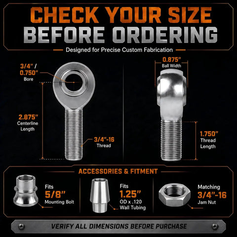 Built Tough Three Quarter Inch Heim Joint Rod End Kit With 4130 Chromoly Bodies And 52100 Steel Balls dimensions and fit details