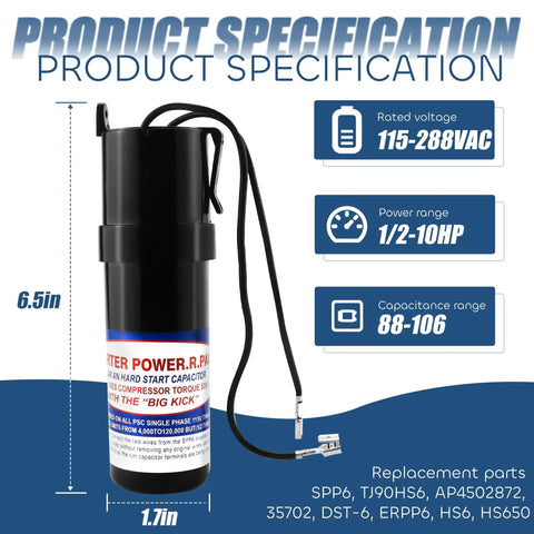 Heavy Duty Hard Start Capacitor for AC Compressor, 6.5in tall, rated 115-288VAC, boosts startup torque for HVAC efficiency.