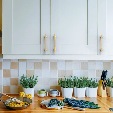 Two Pack Three Inch Brushed Gold Cabinet Pulls Heavy Duty Solid Metal Kitchen Cabinet Handles on white cabinets