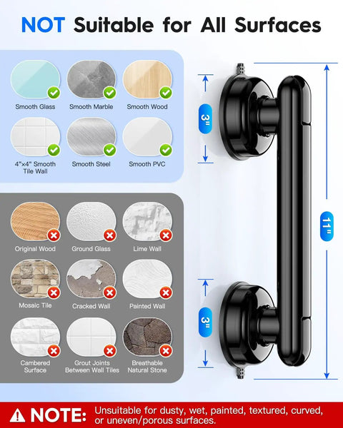Premium Upgraded Rock Solid Two Pack Shower Grab Bars For Bathroom Wall, showing surface compatibility with sizes and not suitable conditions.