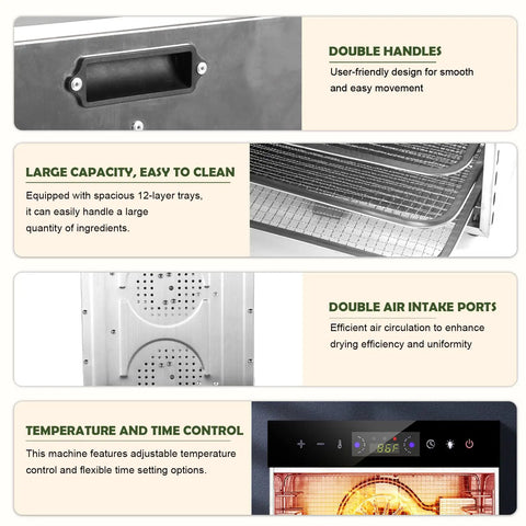 Pro Level Dual Fan Electric Food Dehydrator With Big Time 12 Stainless Steel Trays And 1000 Watt Heating view of handles and controls.