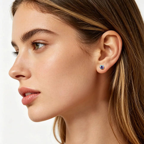 Side view of a woman wearing Premium 5A Cubic Zirconia Screw Back Stud Earrings For Men And Women made of hypoallergenic steel.