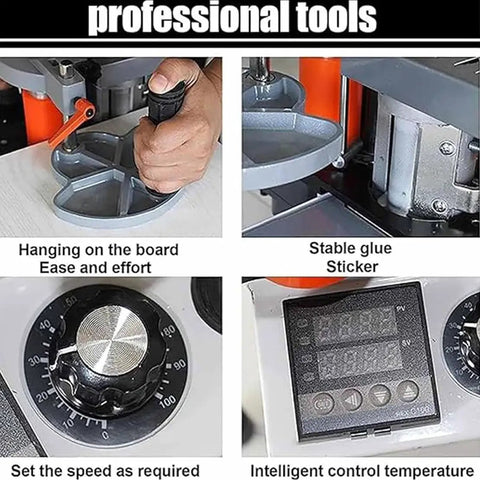 Close-up of Portable Edge Banding Machine For Woodworking With Adjustable Speed Up To Five Meters Per Minute control features.