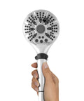 Hand holding Five Spray Modes Handheld Shower Head With Five Foot Hose Chrome Finish Easy DIY Install Adjustable Bracket