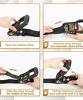Instructions for using Beefy Heavy Duty Ratchet Straps 1.6 Inch Wide By 16 Ft Long with S Hooks and Soft Loops demonstrated in four steps.