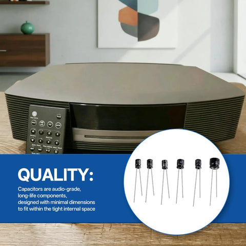 Six Piece Capacitor Repair Set For Bose Wave CD Player with remote and audio-grade capacitors on display in home setting.