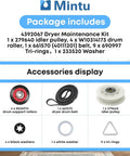 Complete Dryer Repair Kit Featuring Four Drum Support Rollers An Idler Pulley Assembly And Durable Belt To Quiet The Racket And Restore Buttery Smooth Operation For Your Laundry Gear with accessory details.