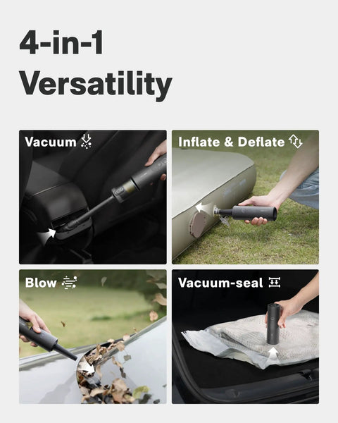 4-in-1 portable mini vacuum demonstrating vacuum, inflate & deflate, blow, and vacuum-seal functions with strong suction.