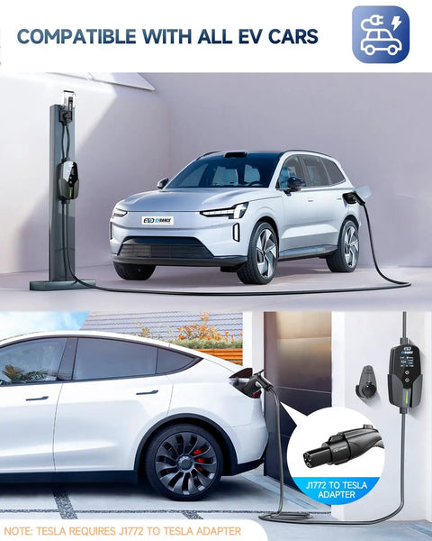 Level Two Portable EV Charger Delivering 32 Amp Power At 240 Volts With A Heavy Duty 25 Foot Cord, charging two EVs.