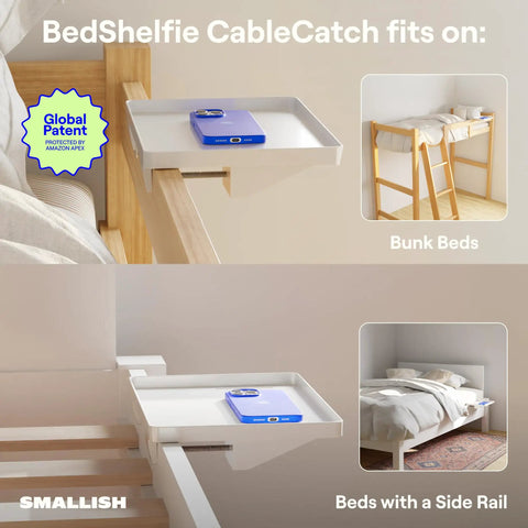 Bedside Shelf For Dorm Room With Cable Catch White Dope Space Saving Nightstand Organizer For Cables And Chargers Eco Friendly Plastic Build Two Point Eight Inch Clamp For Secure Mount, shown on bunk bed