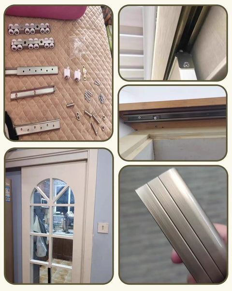 Champagne Gold Box Rail Kit For Sliding Barn Doors Featuring Heavy Duty Build With Four Wheel Stainless Steel Nylon Pulley Set Handling 200 Pounds Providing Super Silky Glide Over 124 Inch 315 cm Thick Aluminum Track, Hardware and installation components.